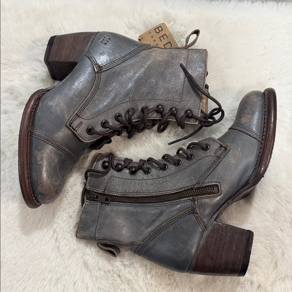 BED|STU Distressed Gray Leather Heeled Boots - Picture 2 of 13